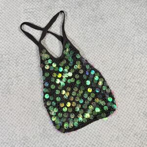 vintage y2k black/green shell beaded sequin netted tote bag retro funky unique